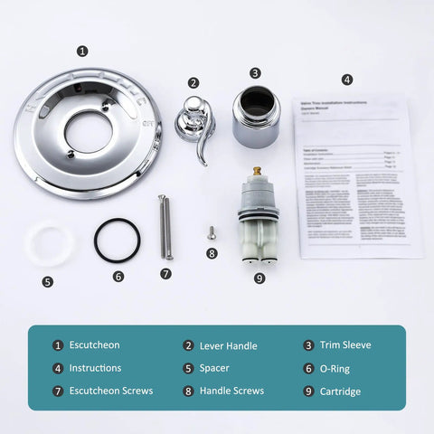 Pressure Balancing Valve Trim Replacement for Windemere 14 Series Chrome Finish With Lever Style Handle And Cold And Hot Temperature Indicator Aftermarket Part Compatible With R10000 Series Shower Valves Trim Kit Only components displayed.