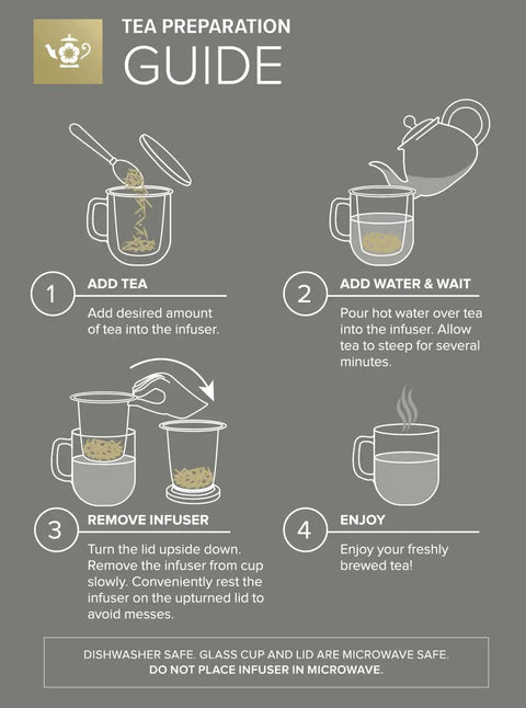 Tea preparation guide showing steps for using the Straight Up Quality Double Walled Glass Tea Cup With Stainless Steel Loose Leaf Infuser.