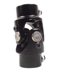 Close-up of a 3/4-36 Spline To 3/4 Inch DD Black Steering Universal Joint Shaft, showing heavy duty U joint and durable metal construction.