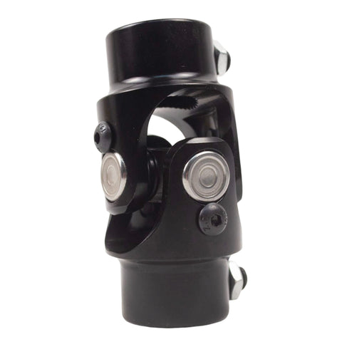 Close-up of a 3/4-36 Spline To 3/4 Inch DD Black Steering Universal Joint Shaft, showing heavy duty U joint and durable metal construction.
