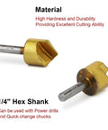 Pro Grade Countersink Drill Bit Set 3 Pack With Single Flute 90 Degree Chamfer Bits For Precise Chamfering And End Milling Titanium Coated High Carbon Steel Extra Sharp And Durable Includes 3/8 1/2 3/4 Inch Shanks, close-up of titanium-coated single-flute bit.