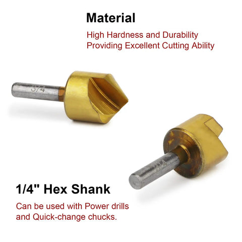Pro Grade Countersink Drill Bit Set 3 Pack With Single Flute 90 Degree Chamfer Bits For Precise Chamfering And End Milling Titanium Coated High Carbon Steel Extra Sharp And Durable Includes 3/8 1/2 3/4 Inch Shanks, close-up of titanium-coated single-flute bit.
