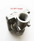 Natural gas regulator block with 1/2 inch NPT threaded inlet and side outlets, metal silver finish