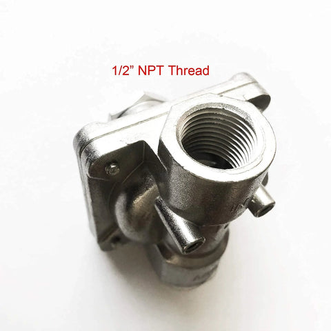 Natural gas regulator block with 1/2 inch NPT threaded inlet and side outlets, metal silver finish