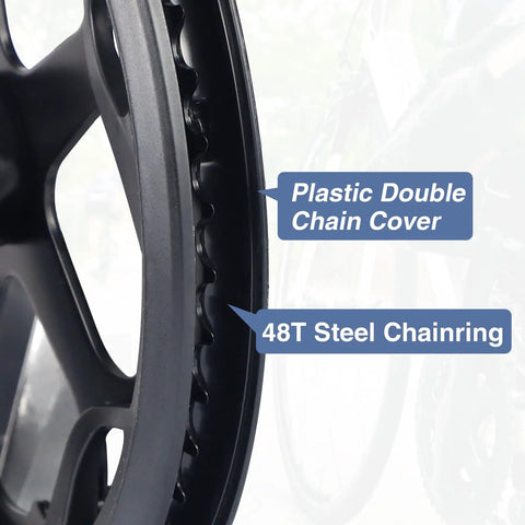 Close-up of 48T Steel Chainring Crankset with Double Chain Cover for Single Speed to 8 Speed E Bikes