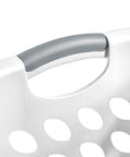 Close-up of comfort grip handle on Six Pack HipHold Laundry Basket 1.25 Bushel White Contoured Plastic Hamper with ventilated holes