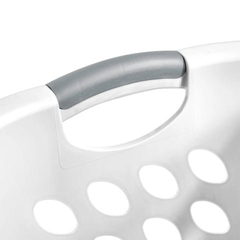 Close-up of comfort grip handle on Six Pack HipHold Laundry Basket 1.25 Bushel White Contoured Plastic Hamper with ventilated holes