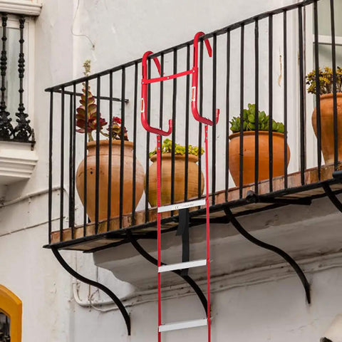 Emergency Fire Escape Ladder For Three Story Homes With Anti Skid Rungs Portable Quick Deploy 25 Foot Window Ladder on balcony.