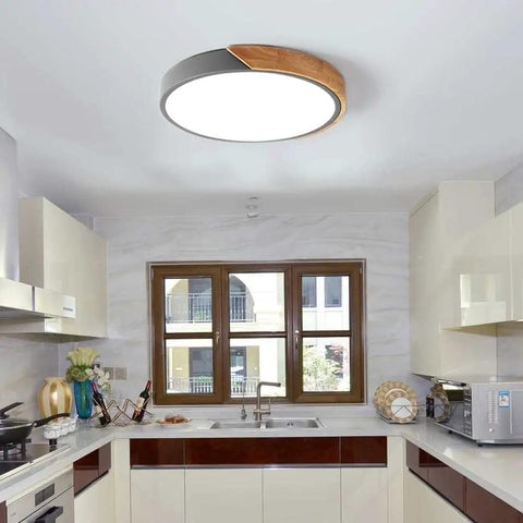 Sleek Modern Round Wood LED Ceiling Light 15.8 Inch Flush Mount Fixture In Gray Minimalist Circular Ceiling Lamp in kitchen