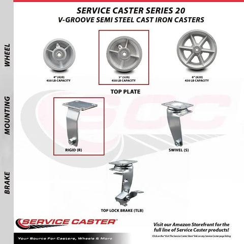Heavy Duty Rigid Top Plate Caster Featuring A 5 Inch Semi Steel V Groove Wheel With Roller Bearings for industrial use.