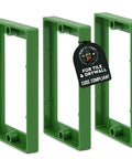 Three green rectangular frames of Three Eighths Inch Single Gang Outlet Box Extenders Pack Of Three, UL Listed Pro Grade Electrical Box Extenders For Outlets And Switches, Flush Mount With Wall, Gap Free, Safe Nonflammable Material shown from side angle.