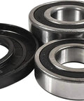 Heavy Duty Front Load Washer Tub Bearing And Seal Replacement Kit With Three Rock Solid Bearings And One Leak Proof Gasket For Ge Machines, showing three steel bearings and a black gasket.