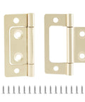 Top Shelf Non Mortise Door Hinges, 2 Inch Imitation Gold Finish, 12 Pack With Hardware on white background.