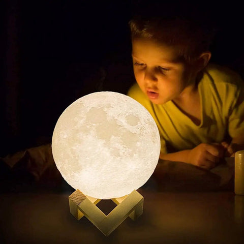 3D Moon Lamp Upgrade With 16 LED Colors, Remote And Touch Control, USB Rechargeable Moon Night Light With Wooden Stand, 5.9 Inch Diameter, Dope Bedroom Ambience, Perfect Gift For Any Occasion on wooden stand with child observing