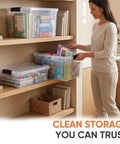 Clear Plastic Storage Bins With Snap On Lids For Home Office Organization Stackable Crates BPA Free Non Toxic Craft And Tool Organizer 13.7 Quart 12 Pack on shelves holding books and craft supplies.