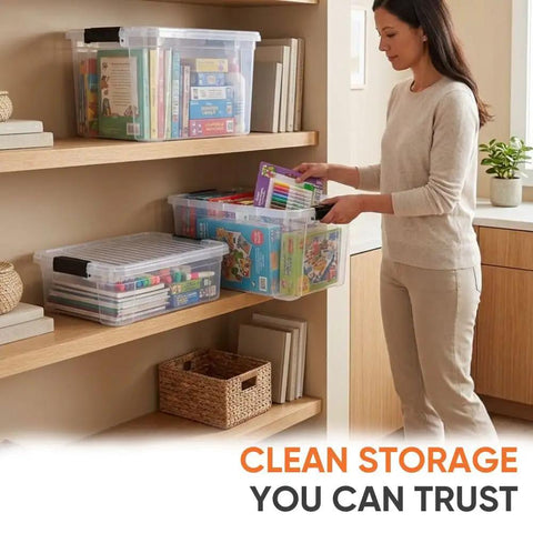 Clear Plastic Storage Bins With Snap On Lids For Home Office Organization Stackable Crates BPA Free Non Toxic Craft And Tool Organizer 13.7 Quart 12 Pack on shelves holding books and craft supplies.