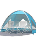 Large Beach Tent Sun Shelter For Three To Four People With UPF 50 Plus UV Protection, blue tent with chairs inside, mesh windows