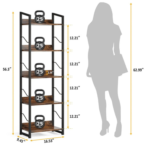 Five Tier Tall Bookshelf Featuring Rustic Brown Wood Panels And Sturdy Metal Frame Narrow Storage Organizer Perfect For Living Room Or Home Office Slick Display Rack Built Tough As Nails To Keep Your Stuff Neat And Tidy Without A Fuss