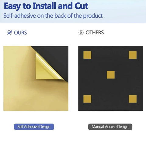 Image comparing self-adhesive soundproofing panels with manual viscose design, highlighting easy installation and cutting features.