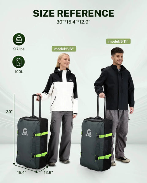 Gonex rolling duffle bag with wheels, 100L, gray fabric with neon-green straps, front view