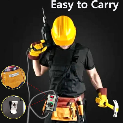 Worker in a yellow helmet holds a drill, wearing an apron with Tough As Nails 15A Peak AC Motor Speed Controller for tools.