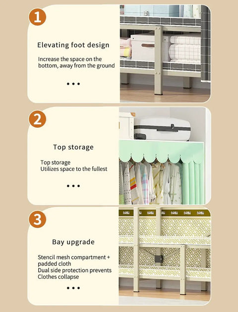 Slick Foldable Garment Rack With Dual Hanging Rods Roomy Storage Shelves Portable Closet Wardrobe With Dust Cover overview features