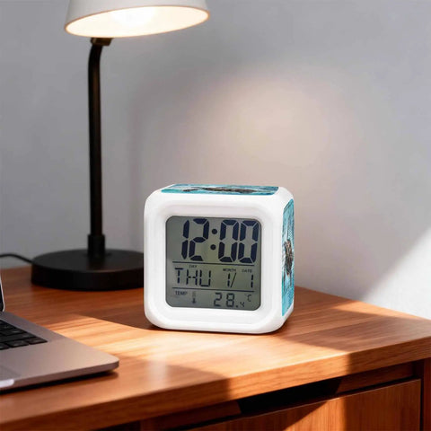 Super Chill Digital Cube Alarm Clock With Quiet Sweep Motion Dreamy Ocean Turtle Graphic Retro Stamp Accents Blue Desktop Display