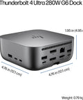 Top Shelf Thunderbolt Four Universal Type C Docking Station Featuring 13 Lightning Fast Ports And 180 Watt Rapid Charge For MacBook Dell PC And Lenovo Laptops Sick Plug And Play Computer Hardware with dimensions on a gray surface.