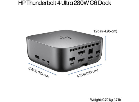 Top Shelf Thunderbolt Four Universal Type C Docking Station Featuring 13 Lightning Fast Ports And 180 Watt Rapid Charge For MacBook Dell PC And Lenovo Laptops Sick Plug And Play Computer Hardware with dimensions on a gray surface.
