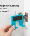 Magnetic Cabinet Door Hinge Spacer With Scale No Drill Quick Install Jig shown aligning cabinet hinge with magnetic lock