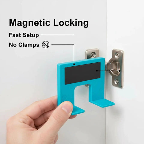 Magnetic Cabinet Door Hinge Spacer With Scale No Drill Quick Install Jig shown aligning cabinet hinge with magnetic lock
