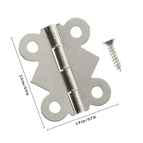 Nickel Plated White Butterfly Cabinet Hinges 180 Degree 48 Pack shown with screw, dimensions labeled