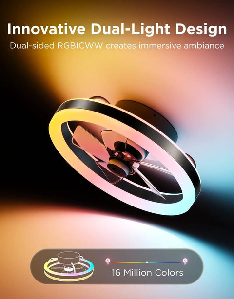 Twenty Inch Flush Mount Ceiling Fan With Killer RGBIC SmartApp LED Lighting And Dual Layer Color Changing Glow design showcasing RGBIC colors.