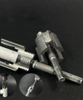 Badass Integrated Thread Cutting Tool For Half Inch And Three Quarter Inch Pipes shown with metal dies for internal and external threading.