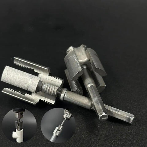 Badass Integrated Thread Cutting Tool For Half Inch And Three Quarter Inch Pipes shown with metal dies for internal and external threading.