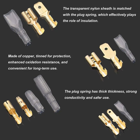 640 Piece Spade And Bullet Terminal Crimp Kit With Insulating Sleeves For Car Audio And Electrical Wiring 2.8mm 4.8mm And 6.3mm Male And Female Connectors Assortment Set For Quick And Easy Wiring Jobs Boss Quality, features close-up of tinned copper connectors with transparent nylon sleeves.
