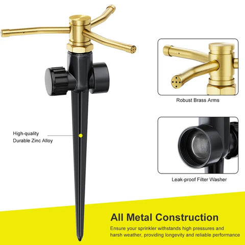 Heavy Duty Metal Lawn Sprinklers Two Pack With Spike Base Automatic Rotary 3 Arm Garden Sprinkler with brass arms