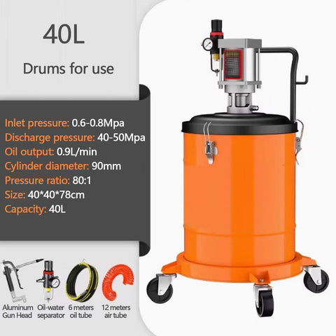 Roll Up And Lube Up Heavy Duty Pneumatic Grease Pump With High Pressure Kick and Slick Aluminum Handle For Fast Vehicle And Construction Machine Care Features 40L capacity and mobile cart design.