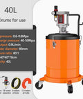 Heavy Duty Workhorse Pneumatic Grease Pump Featuring Aluminum Spray Gun And 19 Inch Hose Sensitive Flow Control Wheeled Cart 40 Liter Tank close-up showing tank, pressure gauge, and wheels.