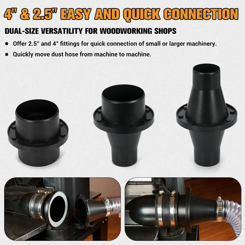 4 Inch And 2.5 Inch Magnetic Dust Collection Fittings Starter Kit For Shop Vac Hoses showing connectors for woodworking machinery.