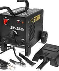 3 In 1 MIG Welder 135 Amp 110V Flux Core Gasless Welder With Flux Core MIG Lift TIG And Stick Large LED Digital Display Welding Machine For Home Garage Projects Budget Friendly, shown with accessories.