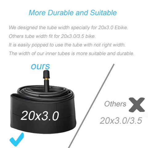 2 Pack 20x3 Fat Tire Bike Inner Tubes With Schrader Valve Premium Butyl Rubber Heavy Duty 20 Inch Inner Tubes For Electric Bicycles EZ Install And Reliable Flat Prevention shown with durability comparison chart