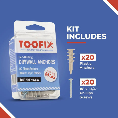 Self Drilling Drywall Anchors With Screws Kit 20 Pack, showing packaging and contents, including anchors and screws.
