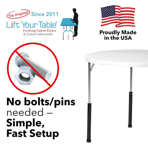 Image showing a white table with black folding table leg extenders, emphasizing no bolts needed, USA made, part of a set of 4.