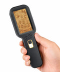 500X Handheld Digital Microscope With 3-Inch HD IPS Display For Coins Jewelry Stamps And Tiny Details Dual Lens Auto Focus Portable Close-Up Magnifier Kit Must-Have, handheld black unit showing coin detail in hand