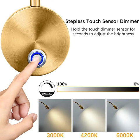 Dimmable LED Reading Lamps For Wall Mounting On Bed Headboard Flexible Gooseneck With Touch Dimmer Plug In Wired Sconce Detail