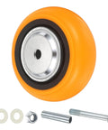 Built Like A Tank 5 Inch Industrial Rolling Caster Wheel Replacement Set with orange wheel and metal mounting hardware.