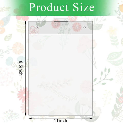 Illustration showing dimensions of Three Pack 8.5x11 Clear Slat Wall Sign Holders for Menus and Flyers against a floral background