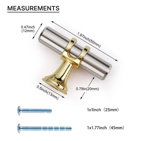 Two Tone Brushed Nickel And Gold Cabinet Knobs Set Of Ten For Kitchen Cabinets Dresser Bathroom Closets And Cupboards Made From Zinc Alloy Base And Aluminum Knobs Durable And Easy To Install, with measurements and screws