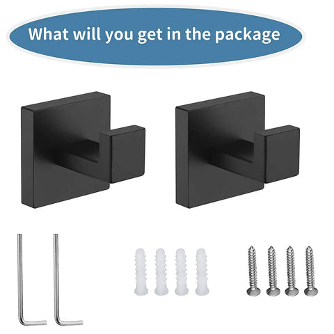 Matte Black Towel Hooks For Bathrooms Wall Mounted 304 Stainless Steel Heavy Duty Coat And Shower Hooks 2 Pack with screws